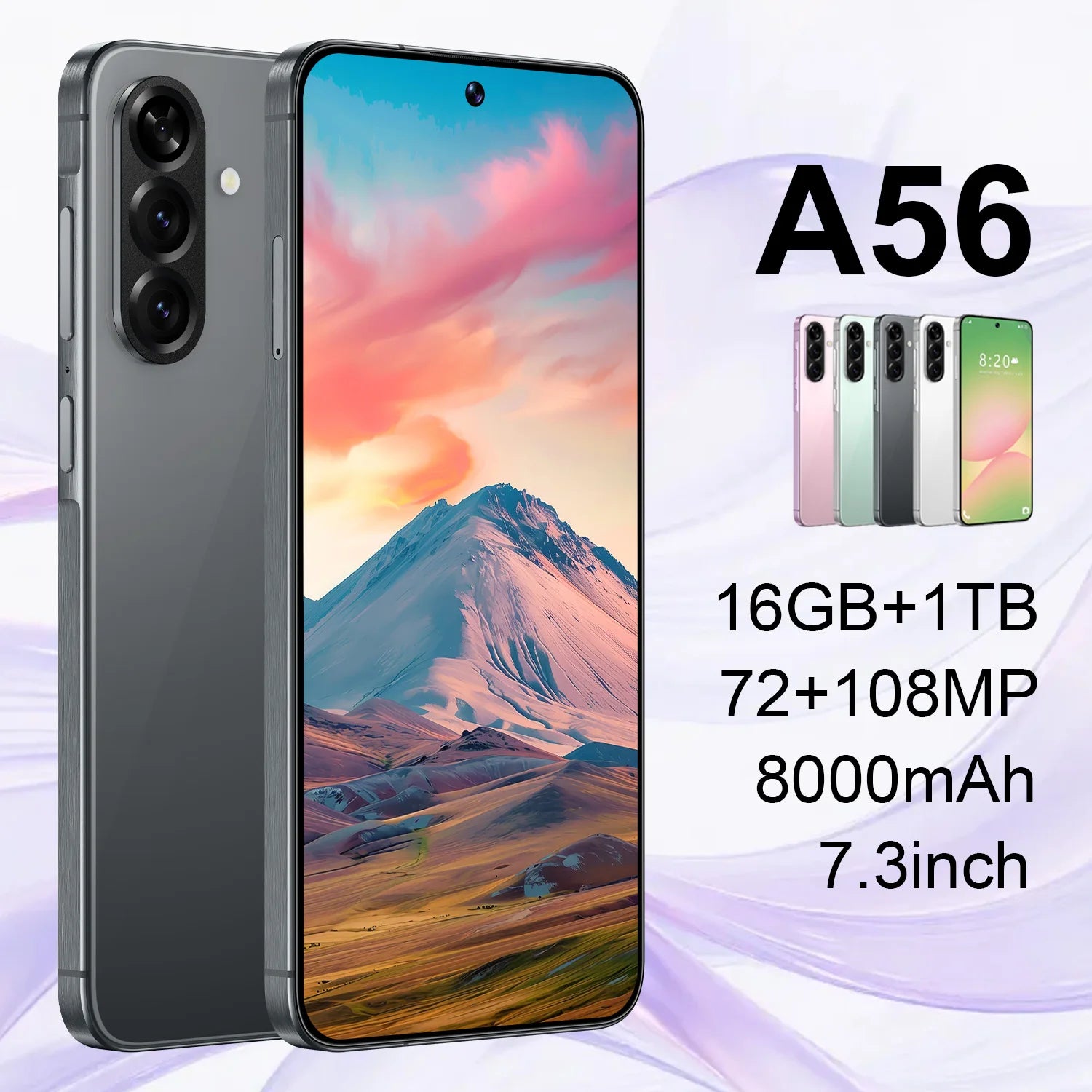 Brand New A56 5G Smartphone 7.3 Inch Face Unlock 16GB+1TB Android 14 72+108MP HD Camera Dual Card Shockproof CDMA Gaming Phone