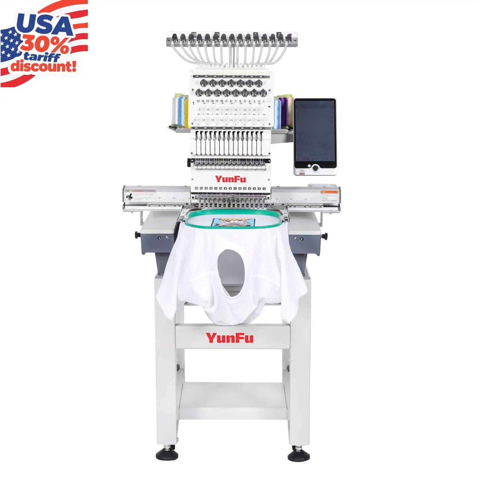 Stock in USA YunFu Single Head 15 Needles Embroidery Machine Computerized for Cap Tshirt Hoodie Sweater Flat Embroidery