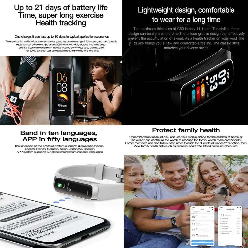 2024 New Arrival C60 SP02 HR BP Sleep Monitoring Smart Band IP67 Amoled Screen Display OEM ODM Bracelet Smart
