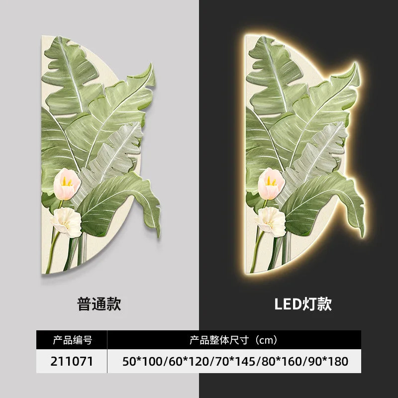 100*50CM Simplicity Flower Leaves Crystal Porcelain Modern Glass Wall Painting with Led  for Home Decor Living Room