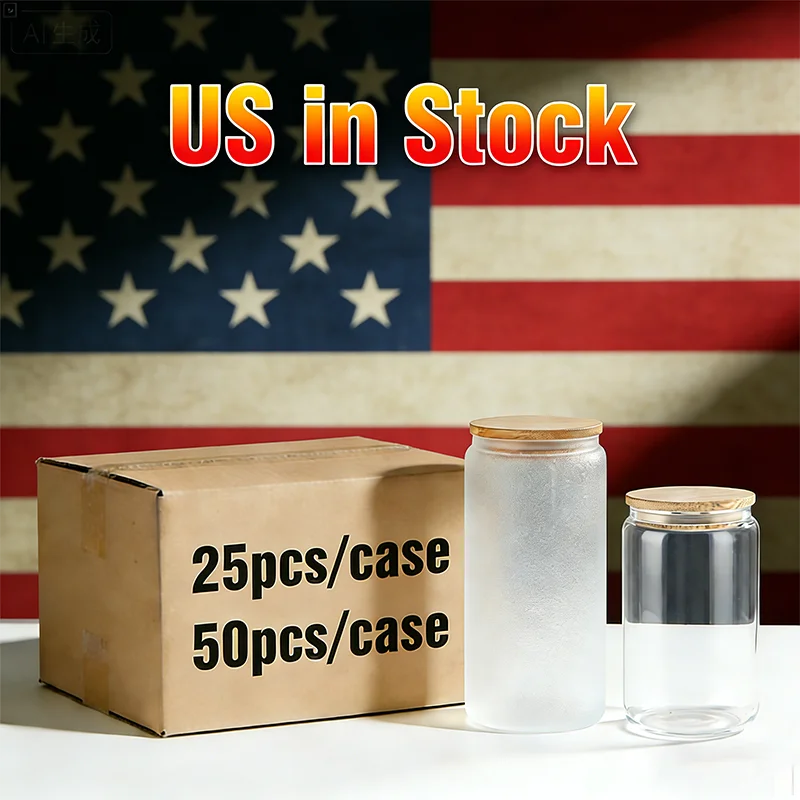 USA Warehouse 16oz 20oz Borosilicate Sublimation clear Frost High Grade Glass Cups Bottle Beer Can With Bamboo Lid and Straws