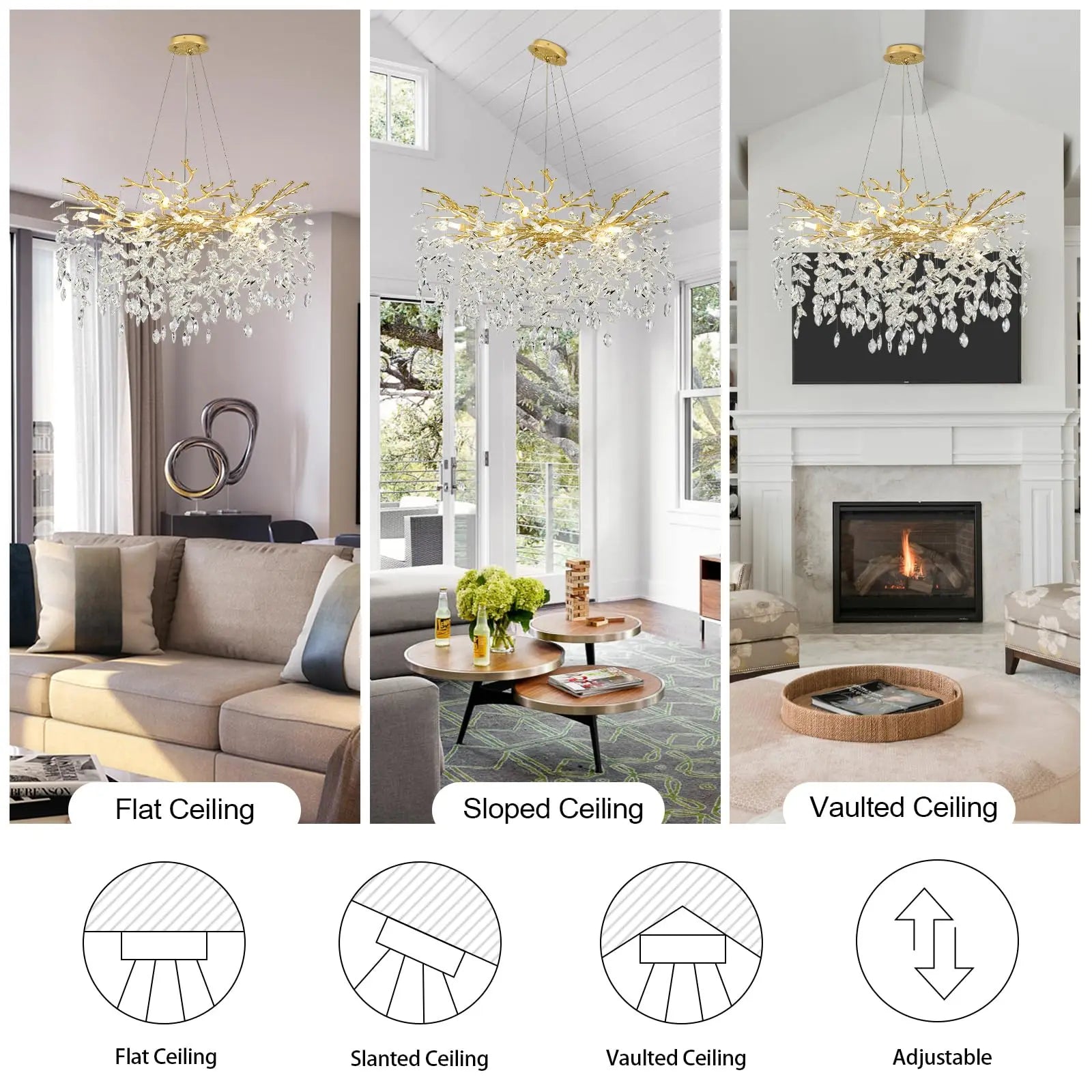 Gold Tree Branches Chandelier, Modern Round K9 Crystal Lighting Fixture Chandelier for Living Room, Foyer,Kitchen Island