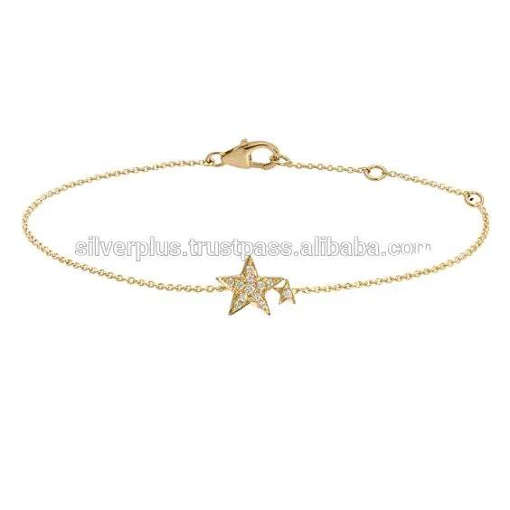 Solid 14K Yellow Gold SI Clarity G-H Color Diamond Star Charm Chain Bracelet Genuine Gold Jewelry Wholesale
