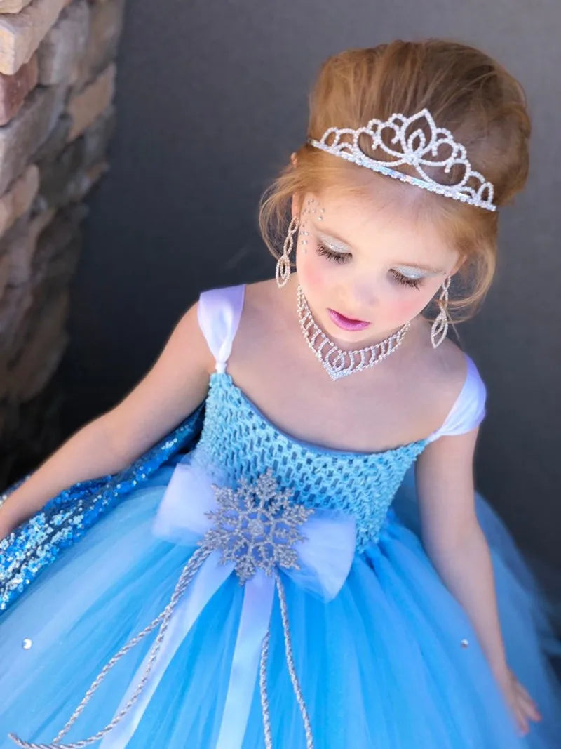 Girls Turquoise Snow Tutu Dress Kids Crochet Tulle Dress Ball Gown with Crown Children Wedding Party Costume Anna Princess Dress