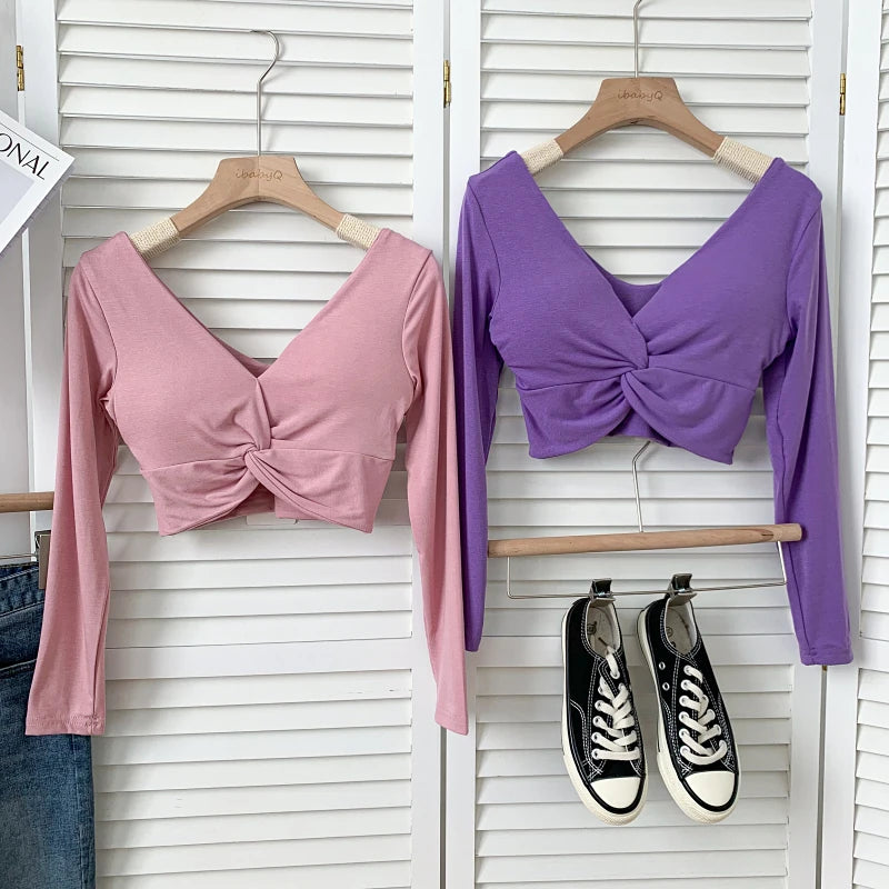 t shirt woman crop tops long sleeve kawaii T shirts built in bra women sexy top harajuku korean fashion