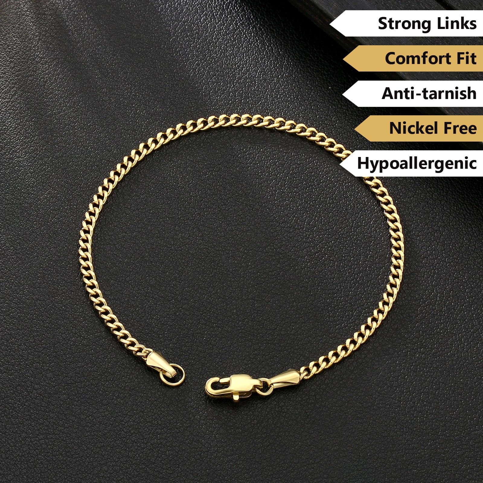 USA Free Shipping 14K Gold Plated Stainless Steel Bracelet 3mm Women Waterproof Jewelry Miami Cuban Link Chain Men Bracelet