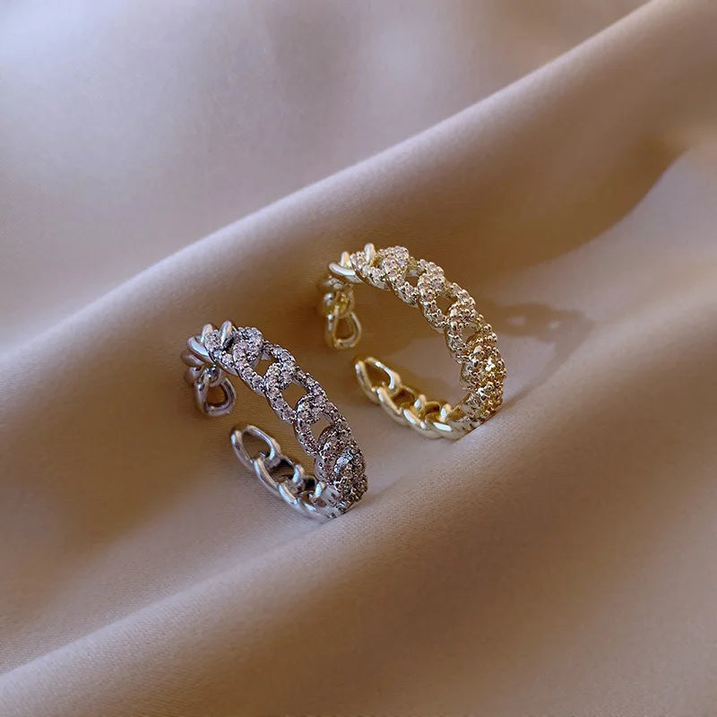 Simple Real 18K Gold Plated CZ Curb Chain Open Ring Adjustable Micro Cubic Zirconia Chain Link Ring