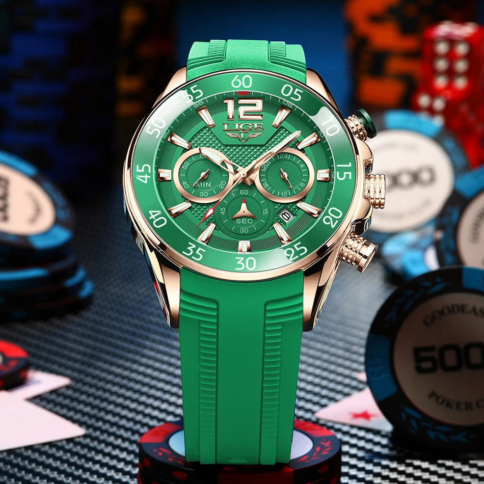 LIGE New Fashion Mens Watches Top Brand Luxury Quartz Wrist Watch Man Sport Red Silicone Watch for Men Reloj Hombre Chronograph