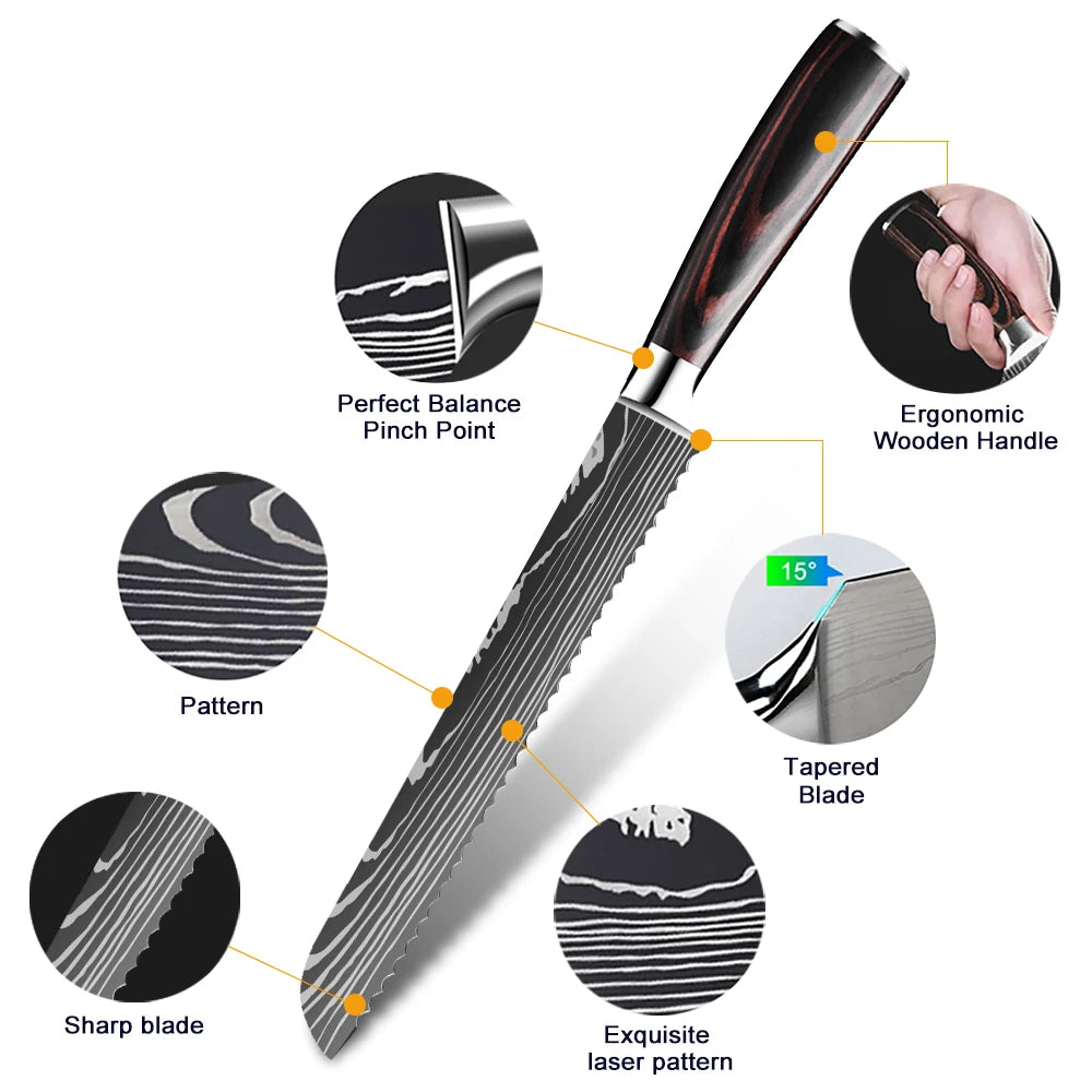 Kitchen Bread Knife Serrated Design Laser Damascus Stainless Steel Blade 8 Inch Chef Knives Bread Cheese Cake Tool