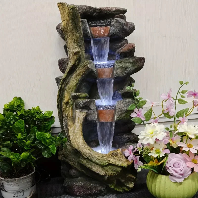 Large Resin Stacked Stone Fountain-LED Lights, Multi-Color Pond Accents
