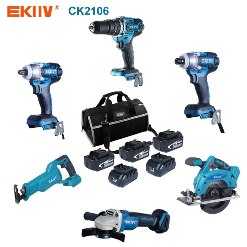 EKIIV Wholesale 6-in-1 Power Tools Combo Kit Multi-Function Drill Cordless Nail Gun Sander Customizable OEM Support