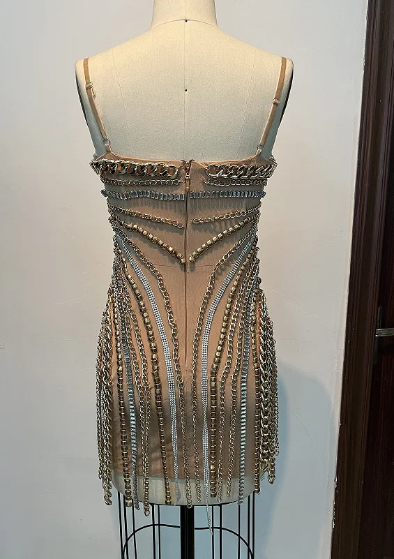 ED2566 Summer Satin Sequined Crossover High Ding Metal Chain Sexy Deep V Tube Top Short Bodycon Party Dress