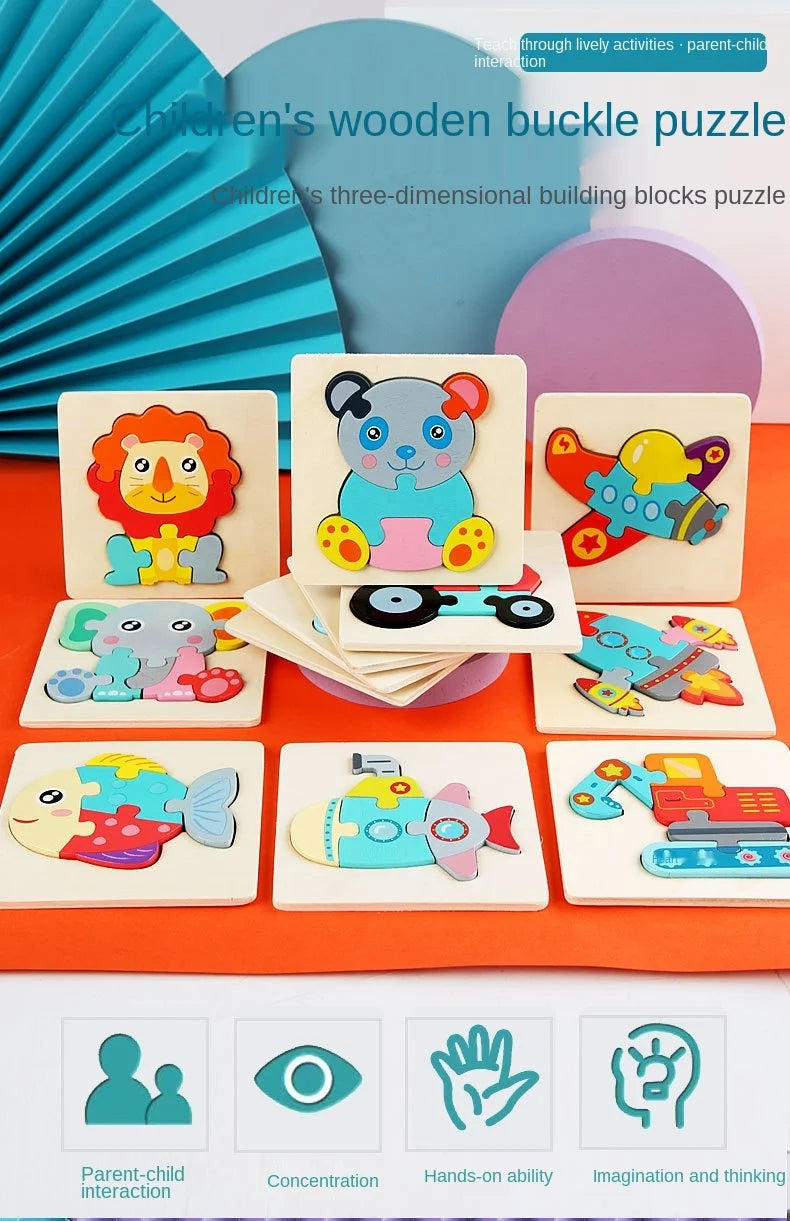 10.7cm/4.21in Kids Colorful 3D Puzzles Montessori Games Cartoon Animals Jigsaw Puzzle Baby Educational Wooden Toys for Children