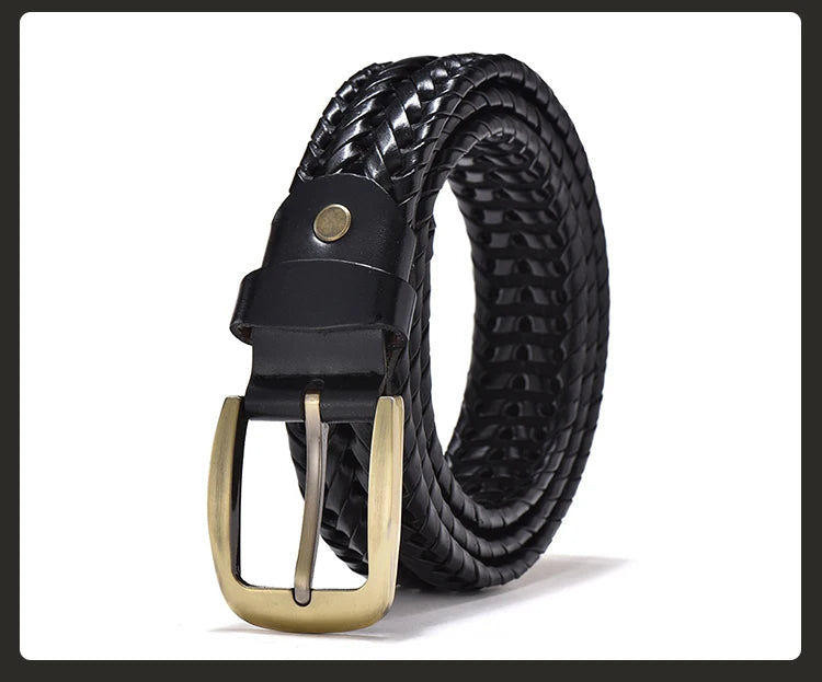 Men Genuine Leather Braided Belts Webbing High Quality Hand Vintage Belts for Men Gold Pin Buckle Casual for Jeans Strap HQ212