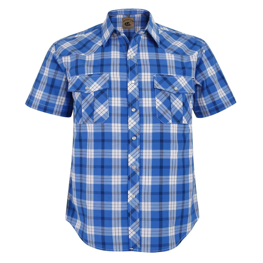 Men Pearl Snap Short Sleeve Western Cowboy Shirt Plaid Pattern with Buttons Two Front Pockets