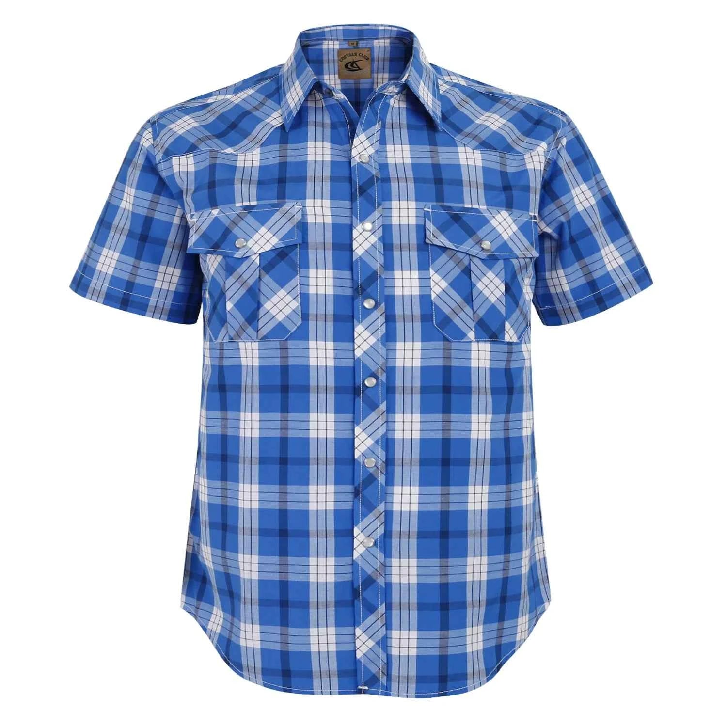 Men Pearl Snap Short Sleeve Western Cowboy Shirt Plaid Pattern with Buttons Two Front Pockets