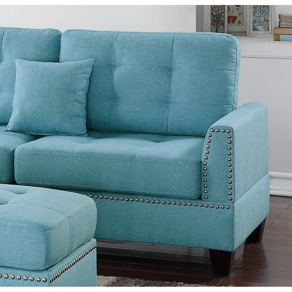 Modern Blue Color 3pcs Sectional Living Room Furniture Reversible Chaise Sofa and Ottoman Tufted