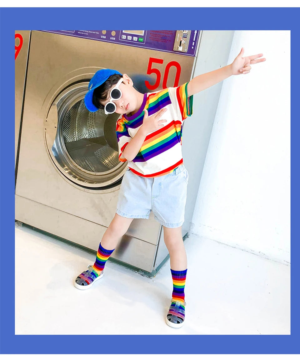Kids Knee High Rainbow Socks Spring Summer Toddler Child Girls Boys Cotton White School Socks Stripe Long Sock Baby Accessories