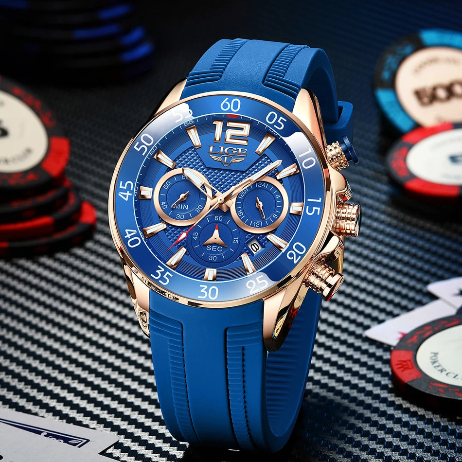 LIGE New Fashion Mens Watches Top Brand Luxury Quartz Wrist Watch Man Sport Red Silicone Watch for Men Reloj Hombre Chronograph