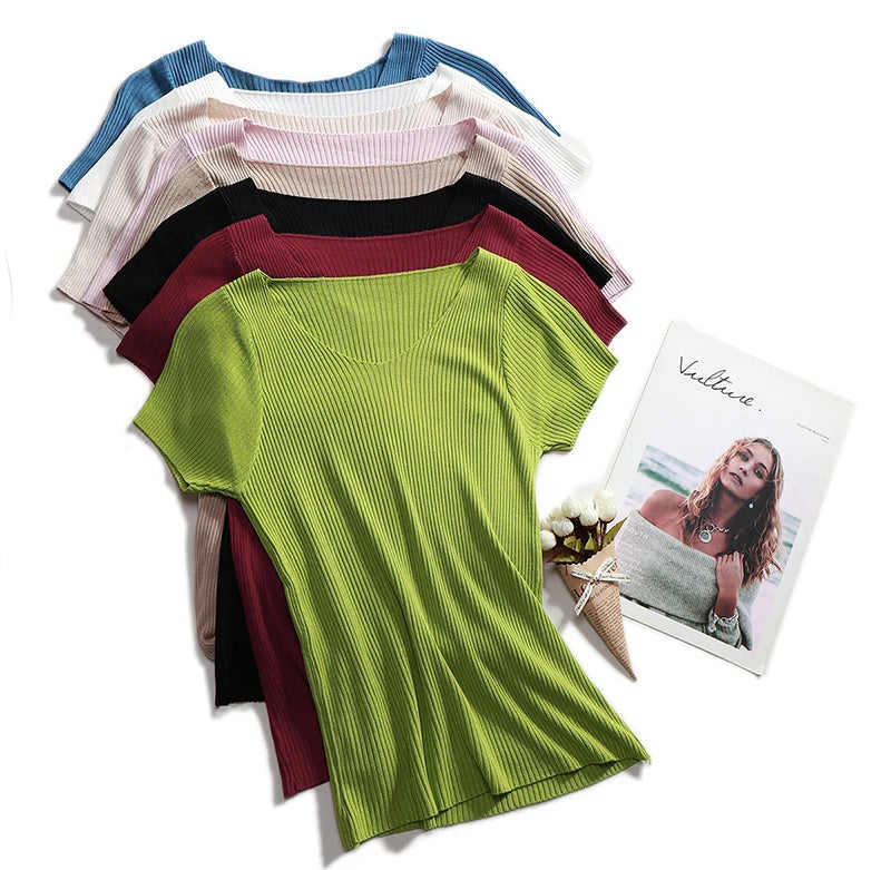 Pullover knitted Short Sleeve knitted Sweater Women Spring Summer Slim Basic Solid Casual Base Female knitting shirts 2024 Korea