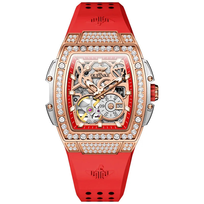 OUPINKE 3220 Hollow Skeleton Hollow Tourbillon Design Stainless Steel Sports Fashion Lady Automatic Mechanical Watch for Woman