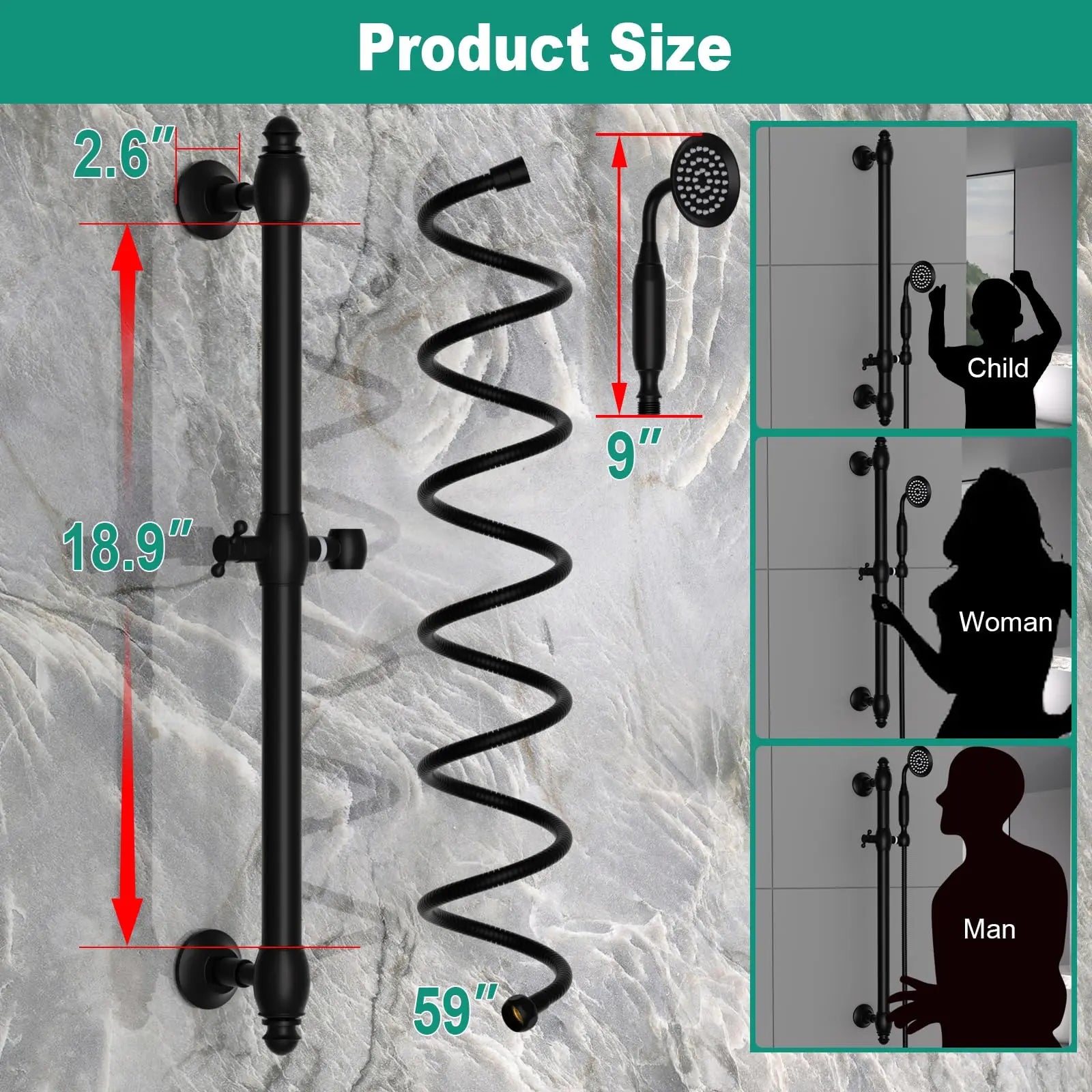 Brass Contemporary Shower Slide Bar Handheld Shower Head Adjustable Height Wall-Mounted 59-Inch Hose Rainfall Waterfall Spray
