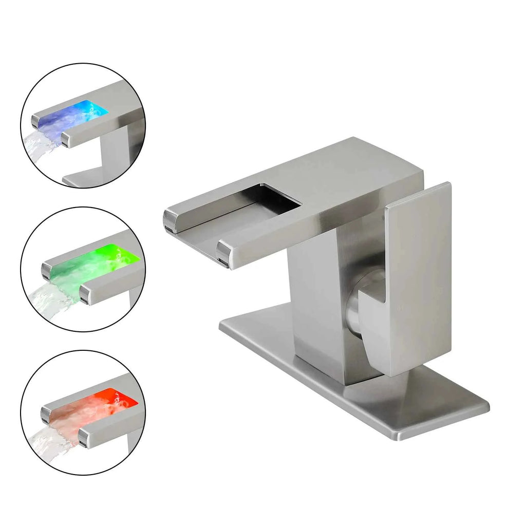 Modern LED 1-Hole Brushed Nickel Bathroom Faucet 304 Stainless Steel Waterfall Anti-Rust Lead-Free Basin Deck Plate Ceramic