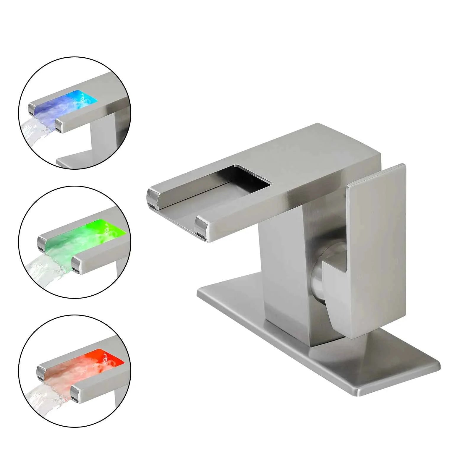 Modern LED 1-Hole Brushed Nickel Bathroom Faucet 304 Stainless Steel Waterfall Anti-Rust Lead-Free Basin Deck Plate Ceramic