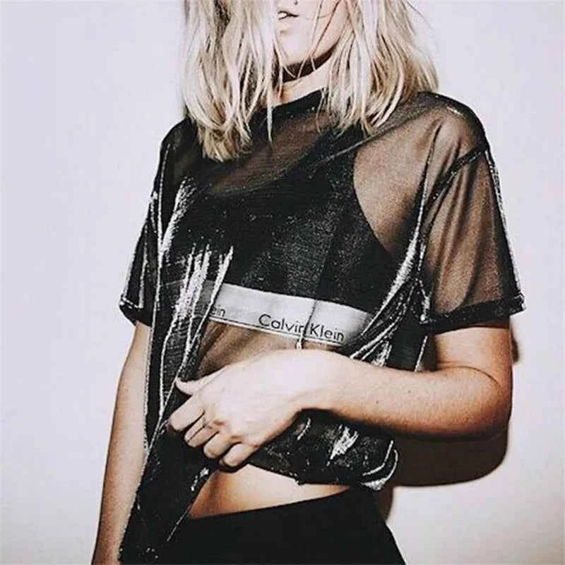Summer Sexy Mesh Tee See-Through Women T-shirts Short Sleeve Perspective Shine Casual Women Tops Lady Vintage Blusa