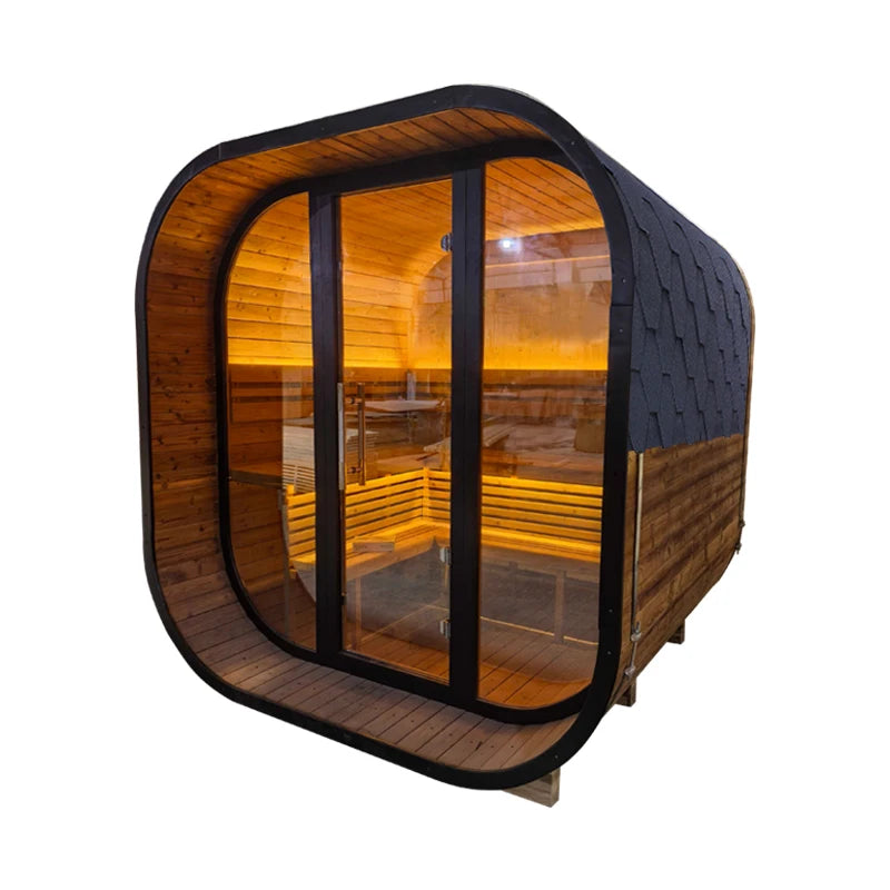 Ready Stocks Cube Wet Steam Sauna Room Canada Carbonized Spruce Outdoor Sauna with Full Glass View 6person