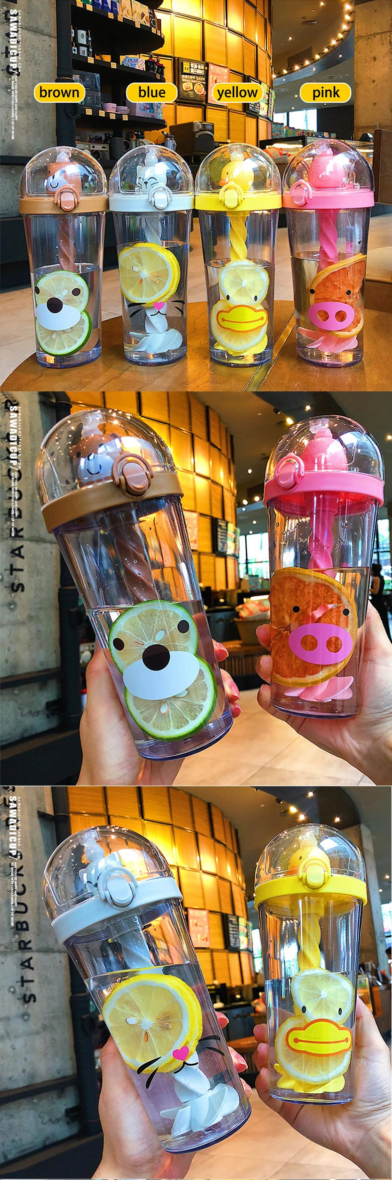 Water Bottle with Straw, Plastic Cartoon Mixing Cup, Creative Animal Design, Cute Cartoon, Girl Heart, Ins Photo Gift