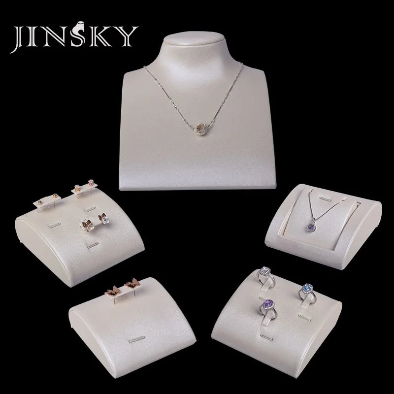 JINSKY Luxury White Leather Jewelry  Display Stand Set with Wood Inside Jewelry Display Stand Set Retail Display
