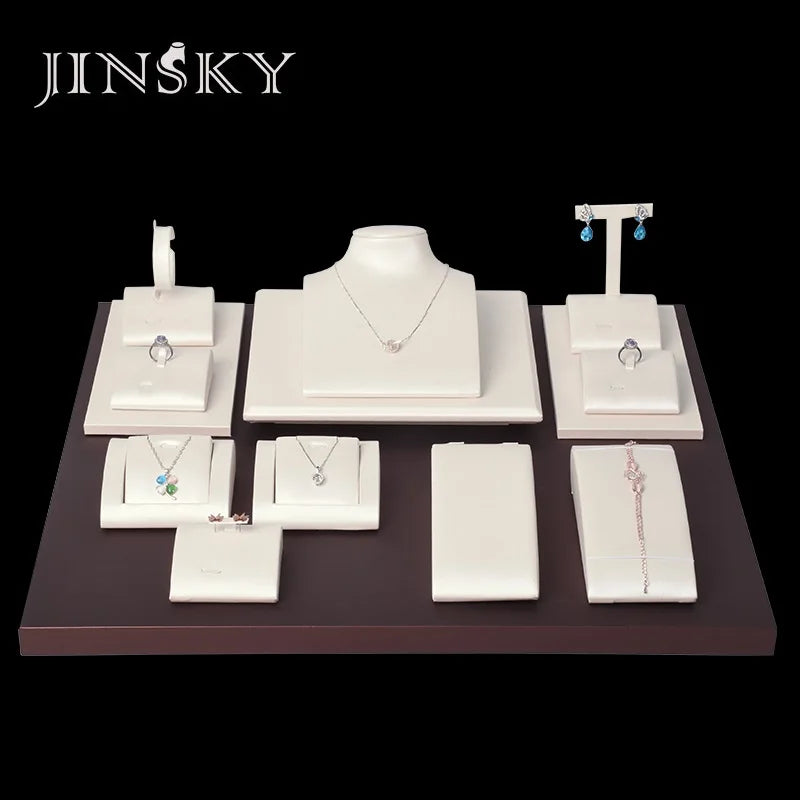 JINSKY Luxury White Leather Jewelry  Display Stand Set with Wood Inside Jewelry Display Stand Set Retail Display