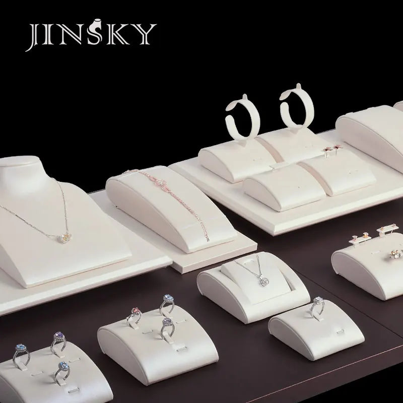 JINSKY Luxury White Leather Jewelry  Display Stand Set with Wood Inside Jewelry Display Stand Set Retail Display
