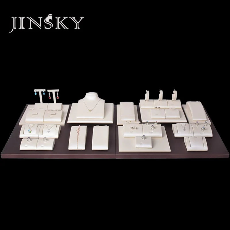 JINSKY Luxury White Leather Jewelry  Display Stand Set with Wood Inside Jewelry Display Stand Set Retail Display