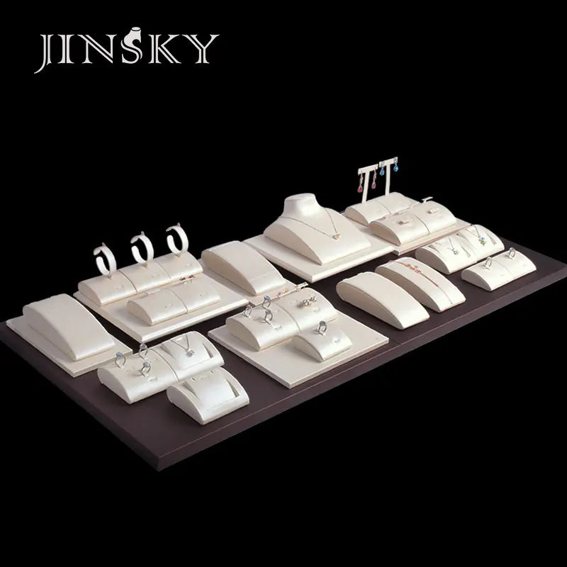 JINSKY Luxury White Leather Jewelry  Display Stand Set with Wood Inside Jewelry Display Stand Set Retail Display