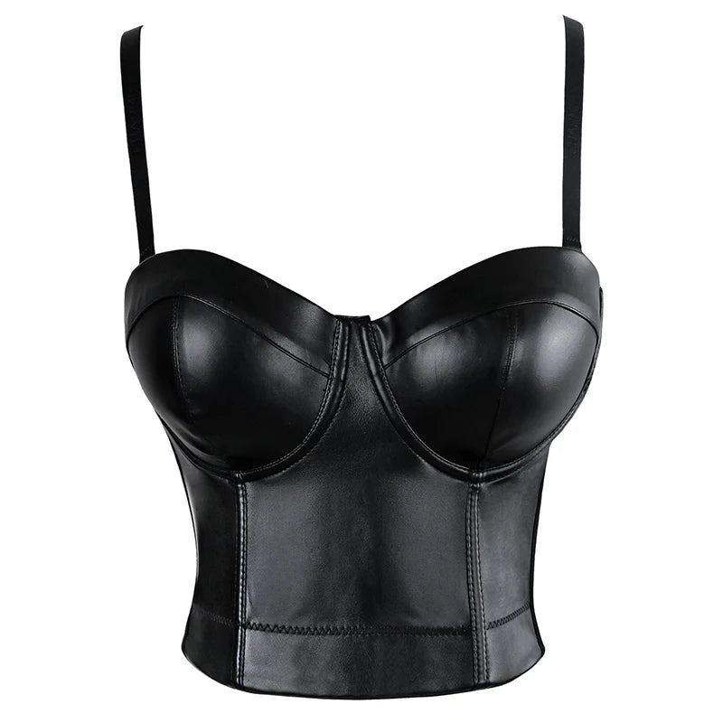 Aonve Women Summer Sexy Top PU Leather Festival Clothing Tops Bralette Cropped Top Female Punk Goth Clubwear Black Red Plus Size