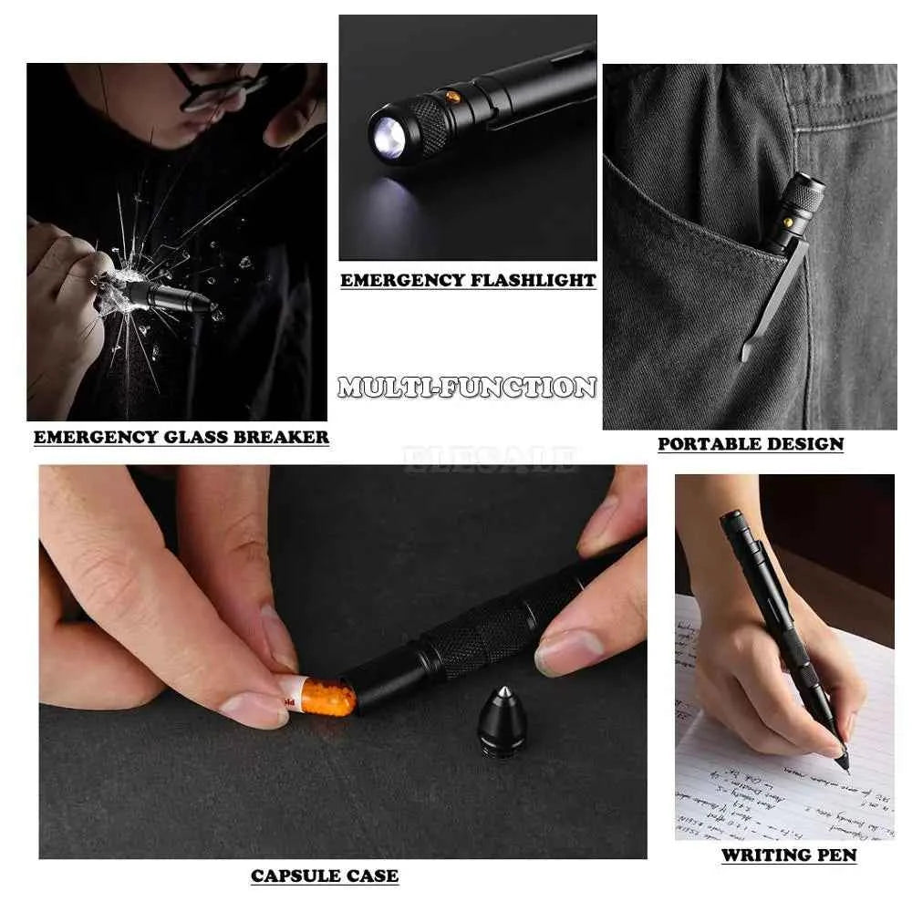 Portable Creative Self Defense Tactical Pen Emergency Flashlight Strobe Bottle Opener Car Window Breaker Pill Storage Gift Box