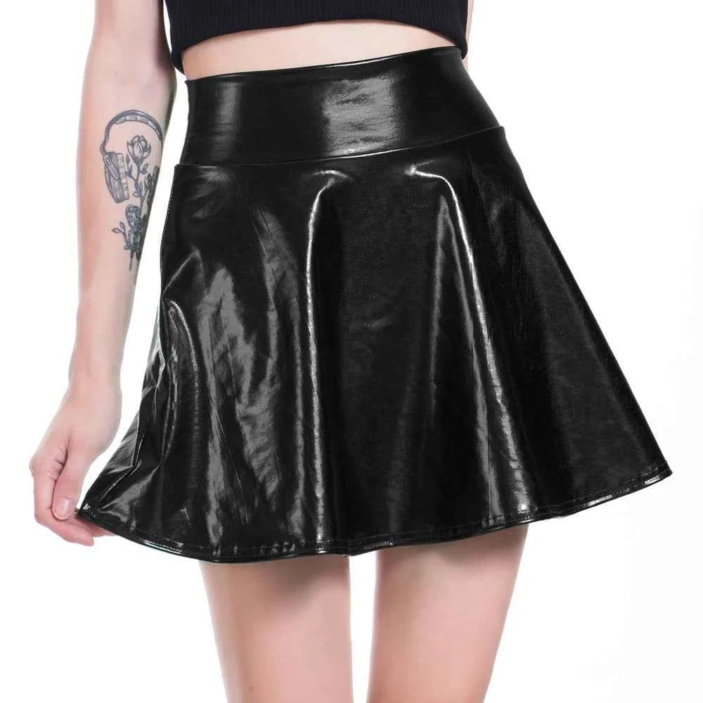 Women Pleated A-Line Skater Skirt Summer Shiny Metallic Holographic Mini Skirt Sexy Club Disco Harajuku Mini Skirt