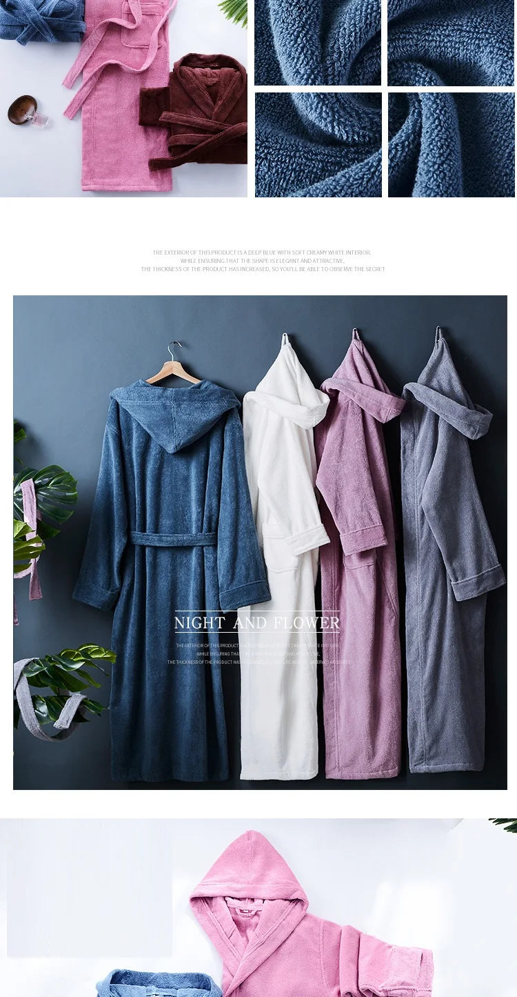 Autumn Winter Thick Pure Cotton Plain Color Bathrobes Sleepwear Robes Unisex Long-sleeve Absorbent Terry Bathrobe Hooded Pijamas