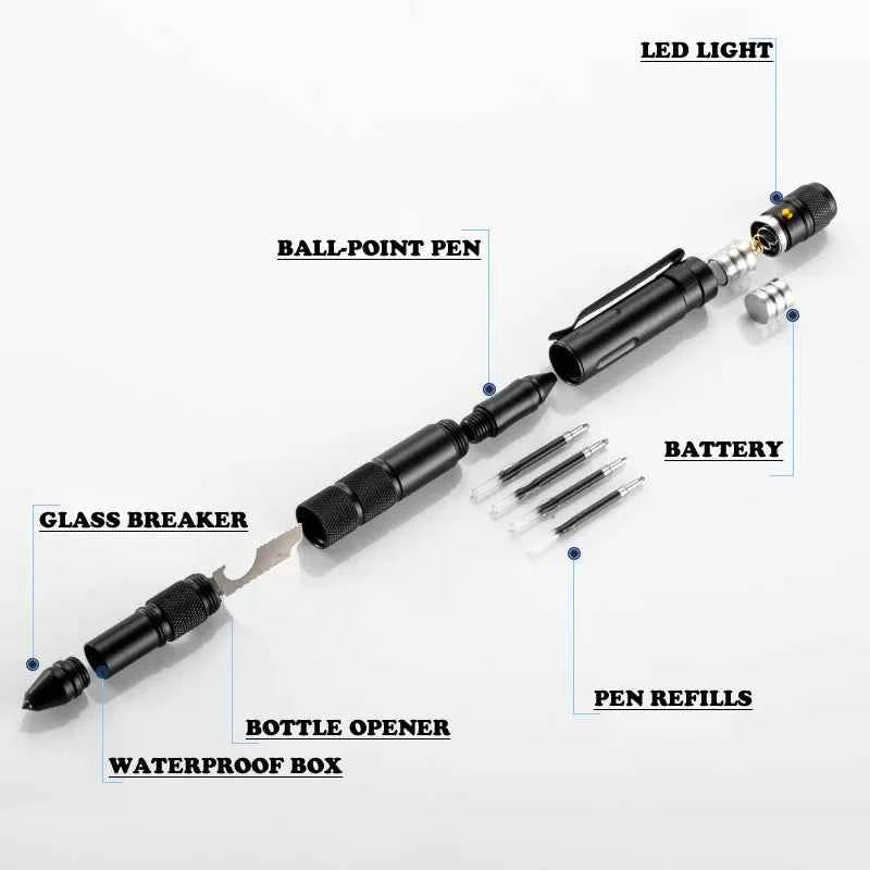 Portable Creative Self Defense Tactical Pen Emergency Flashlight Strobe Bottle Opener Car Window Breaker Pill Storage Gift Box