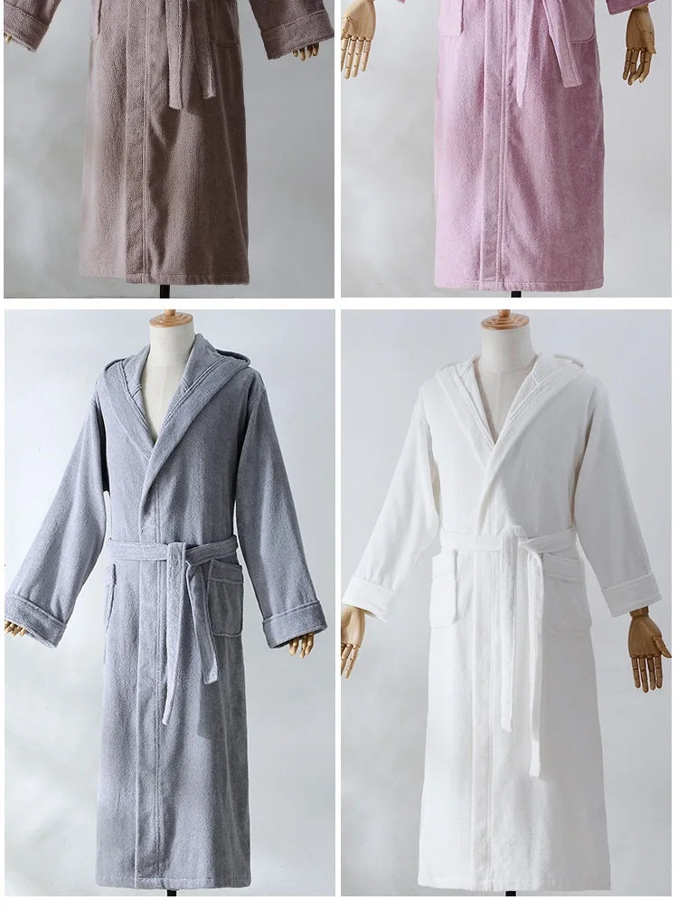 Autumn Winter Thick Pure Cotton Plain Color Bathrobes Sleepwear Robes Unisex Long-sleeve Absorbent Terry Bathrobe Hooded Pijamas