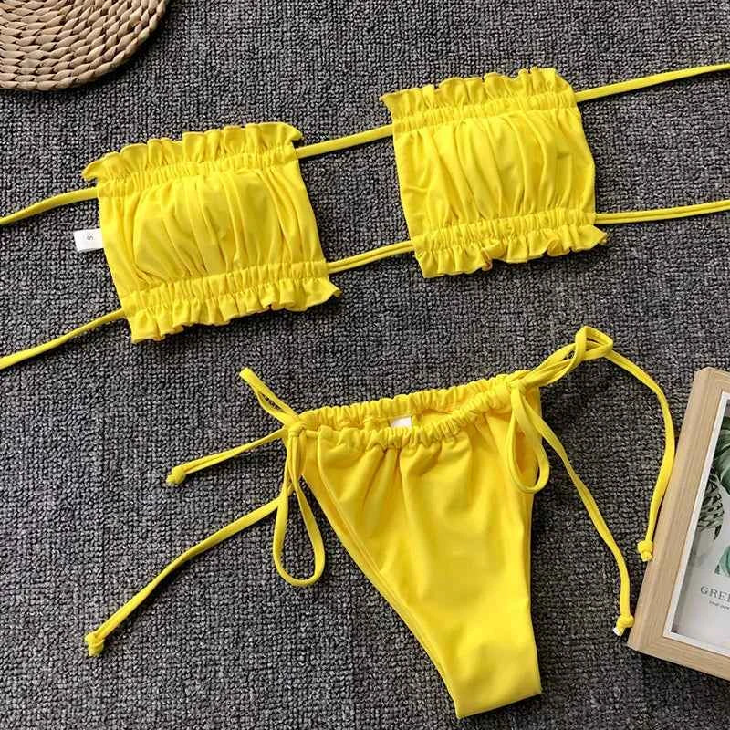 Tie Dye Pleated Ruffled Bikinis Bandeau Bikini Women Swimsuit Female Swimwear Two-pieces Bikini Set Hollow Out Bathing Suit Swim