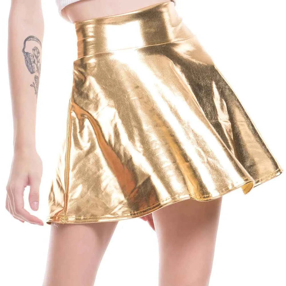 Women Pleated A-Line Skater Skirt Summer Shiny Metallic Holographic Mini Skirt Sexy Club Disco Harajuku Mini Skirt