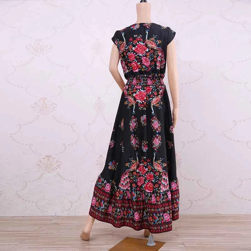 Customizable Duzeala 2022 New Women Summer Boho Beach Maxi Dress Sexy V Neck Vintage Print Long Dresses Casual Sundress Dress
