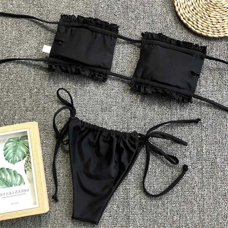 Tie Dye Pleated Ruffled Bikinis Bandeau Bikini Women Swimsuit Female Swimwear Two-pieces Bikini Set Hollow Out Bathing Suit Swim