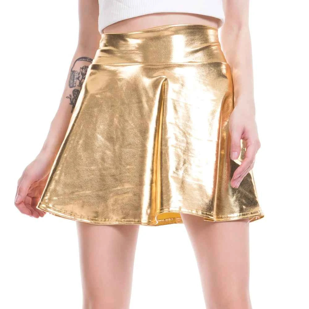 Women Pleated A-Line Skater Skirt Summer Shiny Metallic Holographic Mini Skirt Sexy Club Disco Harajuku Mini Skirt
