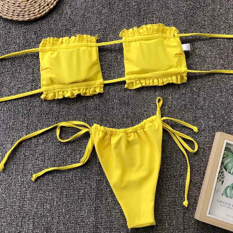 Tie Dye Pleated Ruffled Bikinis Bandeau Bikini Women Swimsuit Female Swimwear Two-pieces Bikini Set Hollow Out Bathing Suit Swim