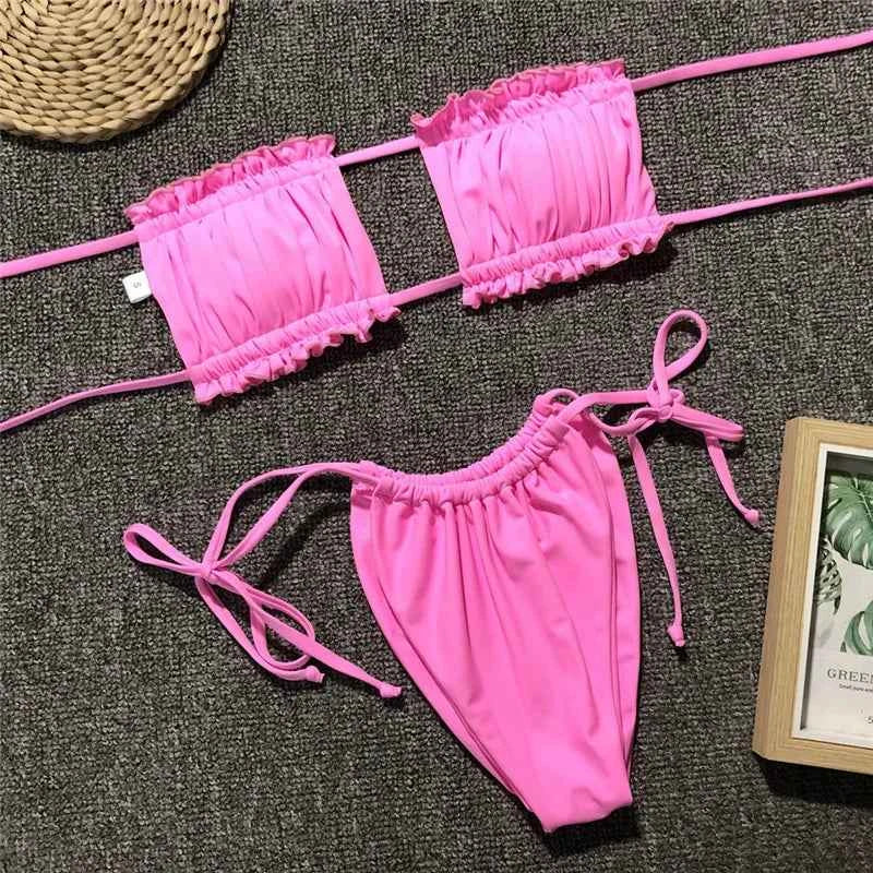 Tie Dye Pleated Ruffled Bikinis Bandeau Bikini Women Swimsuit Female Swimwear Two-pieces Bikini Set Hollow Out Bathing Suit Swim