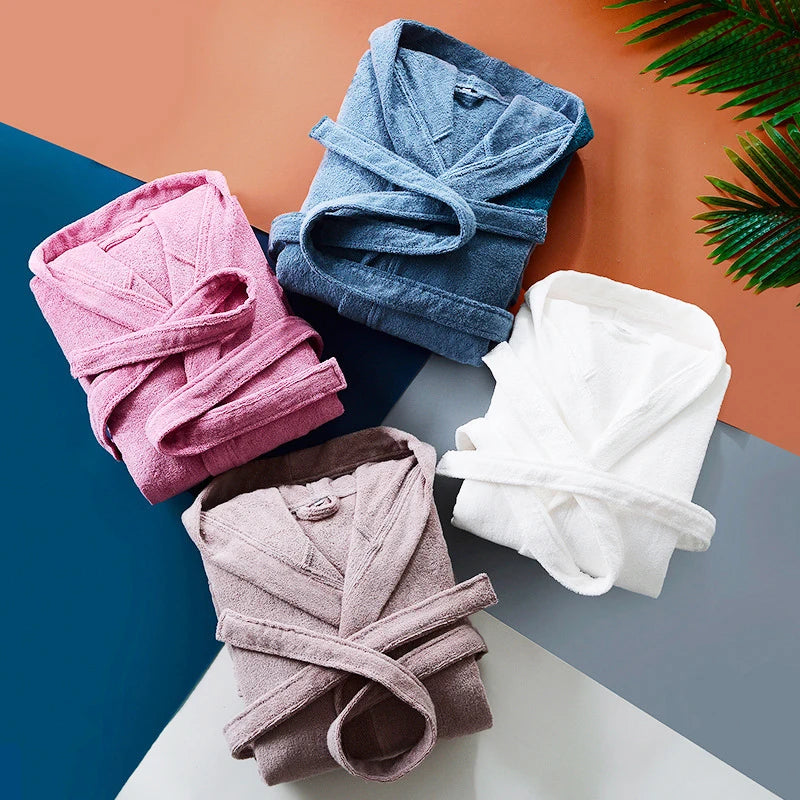 Autumn Winter Thick Pure Cotton Plain Color Bathrobes Sleepwear Robes Unisex Long-sleeve Absorbent Terry Bathrobe Hooded Pijamas
